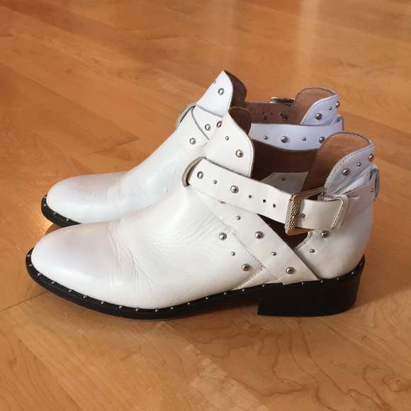 HALOGEN | White Leather Studded Moto Booties - Picture 3 of 11